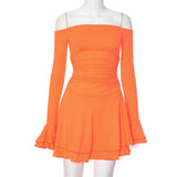 Women's Clothing 2024 Solid-Color Shoulder Horn Sleeve Dress DJPT