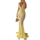 Women's V-Neck Sexy Suspension Slings Lown Repairs Beads Fishtail Dress 8106 HZ0628