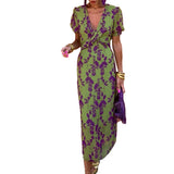 Women's Fashion-Coln Fashion-Print Dress Elegant Body-Dress V-Neck Short-Sleeved Dress DJPT