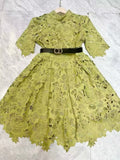 Fluffy Miniskirt 2024 Early Spring Collar Short Sleeve With Belt Water-Soluble Lace Dress Skirt