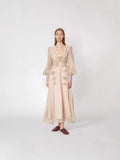 Spring And Autumn V-Neck Lantern Sleeve With Three-Dimensional Flower Design Dress