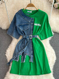 Hong Kong Flavor Temperament With Belt Round Tie Color Denim Shirt Spring New Chic Leisure Medium DJPT