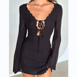 Women's New Knitted Tying Dress With Long Sleeves And Hip Mini Skirt HZ0628