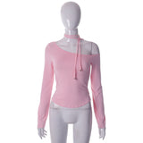 Women's INS Spring New Net Color Care Machine Slanted Shoulder Long Sleeves Hottie T-Shirt DJPT