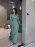 2024 Court Style Bubble Collar Wood Ear To Collect Waist Solid Color Long Sleeve Dress