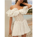 Niche Brand Sweet Sexy One-Word Lotus Leaf Edge Hollow Embroidery Showing Thin Waist Holiday Dress