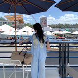 Unique Embroidered Blue Shirt Broad Leg Pants Two Sets Of Women 2025 Early Spring Wear