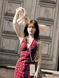 Luth's Same Red V-Neck Broken Flower Hanging Neck Sling Dress In The Middle And Long Summer Holiday Style Dress
