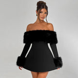 Women's Autumn And Winter One-Word Shoulder Hair Collar Sexy Hot Girl A Short Skirt DJPT