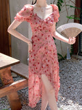 Sheath V Neckline Ruffled Pink Chiffon Floral Beach Dress Women's Vacation Dresses SD1138