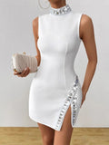 New Summer Sleeveless Hem V Drill High-Neck Sexy Tight-Bstice Ass Dress Famous Dinner Party Bandage Dress