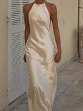 Sexy Bare Back Hanging Neck Sling Dress Simple Imitation Silk Satin Acetic Acid Thin Dress Dress HZ0628