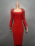 Autumn/Winter Dress French Women's Dress Handmade Color Diamond Long-Sleeved Collar Knitted Evening Dress