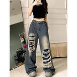 Vintage High Street Design Hole Jeans Women's High-Lumn Loose Vibe Fried Street Trousers DJPT