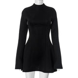 Lakes Lianjiang Women's Solid Color Round Neck Long Sleeves Solid Waist A Short Skirt DJPT