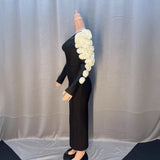 Black Shoulder Hollow White Flower Long Sleeve Long Bandat Party Evening Dress