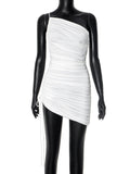 Women Decorate Body Solid Sleeveless Cord Drawstrings Folding Short Dress DJPT