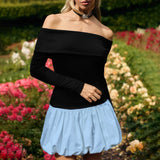 Women's New Word Collar Shoulder Long Sleeve Splicing Floral Skirt DJPT