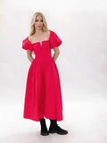 Retro Elegant Style Dress 2025 New Square Collar Bubble Sleeve Fish Bone Pressure Folded Dress Women's Summer