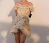 Holiday Wind Shoulder Short Dress 2025 New V Collar Shoulder Lotus Side Flower Dress Female High Sense