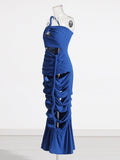 Style Sexy Shoulder Niche Hollow Folds Design 2025 Summer New Solid Color Long Dress