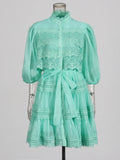 Luxury Wind Hollow Lace Splicing 2025 Summer New Lantern Sleeve Buckle Long Solid Female Dress