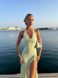 Babes Holiday Style V Collar Bare Back Hanging Neck Knitted Dress High Open Three-Dimensional Flower Design Long Dress