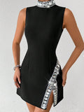 New Summer Sleeveless Hem V Drill High-Neck Sexy Tight-Bstice Ass Dress Famous Dinner Party Bandage Dress