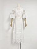 Australian Round Neck Lantern Sleeve Short Sleeve Water-Soluble Lace Splicing Holiday Style Temperament White Dress Dress