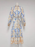 Famous Wind High-End Printing Small Collar Single Buckle Collar Buckle With Waist Long Dress