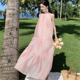 Hanging Neck Dress Women Summer Long Dress Small Pink Sleeveless Seaside Holiday Tie Dye Dress