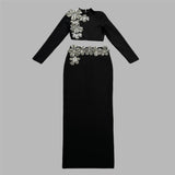 Fashion Diamond-Staggered Bandage Skirt Set Long Sleeve Half-Necked Short Blouse Dress Two-Sleeve Woman