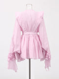 Lotus Leaf Side Solid Dress 2025 New Female Summer Round Lantern Sleeve With Belt Splicing Dress