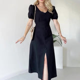 Women's Summer French V-Neck Bubble Bubble Sleeve High Waist Open Temperament With Long Dress