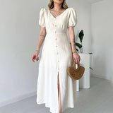 Women's Summer French V-Neck Bubble Bubble Sleeve High Waist Open Temperament With Long Dress