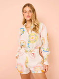 And Summer 2024 Australian Seaside Holiday Wind Leisure Long-Sleeved Shirt + With Belt High-Rise Printed Shorts Set For Women
