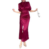 French Bubble Sleeve Dress Slim Slim Light Luxury Sexy Long Dress Girl