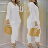 Explosion Color New Plain Horn Sleeve V Collar Top And Trousers Fashion Lady Set DJPT