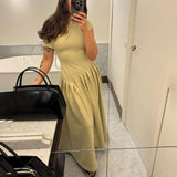 Women's Summer Round Neck Short Sleeve Splicing Irregular Pressure High-Waisted Skirt