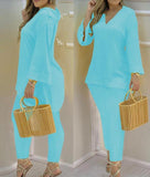 Explosion Color New Plain Horn Sleeve V Collar Top And Trousers Fashion Lady Set DJPT