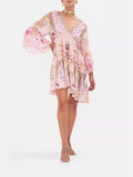 Niche Silk Silky Retro Court Print V Collar Horn Sleeves Loose Waist Small Flowing Dress