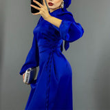 Women's New Round-Neck Lantern Sleeve Dress Side Belt With Body-Repair Dress Dress