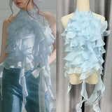 2025 Spring And Summer Ice Blue Wave Ribbon Lace Strapped Clothes