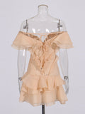Holiday Wind Shoulder Short Dress 2025 New V Collar Shoulder Lotus Side Flower Dress Female High Sense