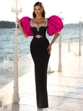 New Heavy Industry Diamond-Stuffed Temperament Rose Red Bubble Sleeve Banded Dress Banquet High-End Evening Dress
