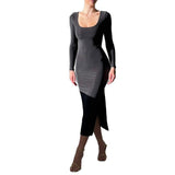 2025 New Solid-Color Long-Sleeved Bag-Pupled With Open-Fork Elastic Dress