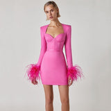 Women's Clothing 2025 Spring New Bandage Dress Elegant Square Collar Feathers Long-Sleeved Dress Dress