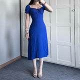 Women's Summer Collar Bubble Sleeve With High Waist Repair Fork Sexy Long Dress