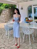 Mengling With A Sweet Blue Checkerge Dress 2025 Retro Square Collar Sexy Body Dress