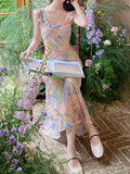 Oil Painting Pink Dress Women's New Summer Temperament To Collect Waist Thin Sling Skirt Holiday Long Broken Floral Dress HZ0628